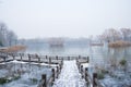 Asia China, Beijing, Chaoyang Park, winter sceneryÃ¯Â¼ÅThe wooden bridge, snow Royalty Free Stock Photo